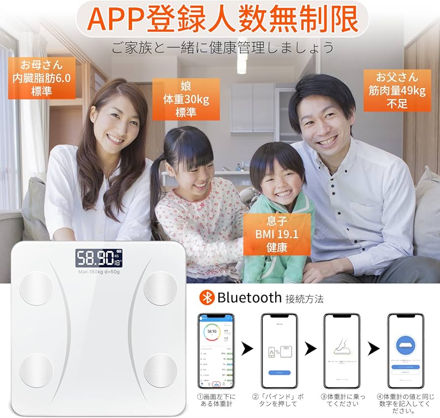 Amazon.co.jp : 体重計 bluetooth スマホ連動 ヘルスメーター 体脂肪計