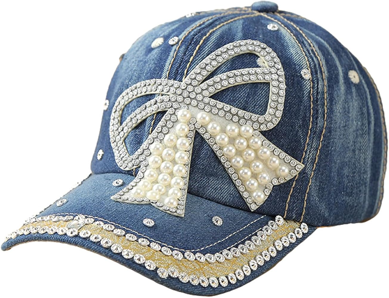 Women's Denim Baseball Cap with Pearl Rhinestone Trendy Y2k Visors
