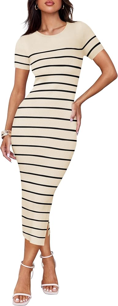 ZESICA Women's 2025 Summer Bodycon Midi Dress Striped Short Sleeve