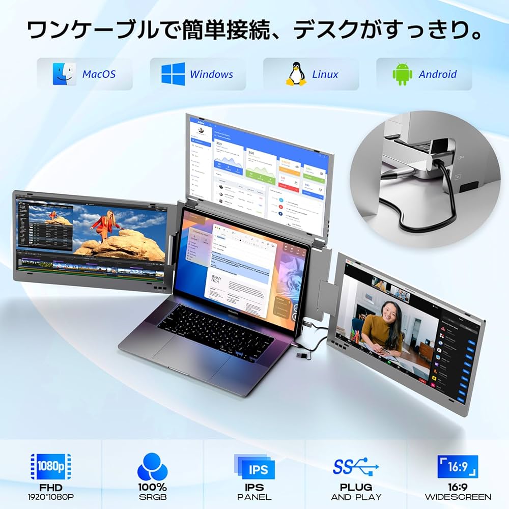 Amazon.co.jp: 15.6インチ トリプルモニター 金属ボディ マルチ