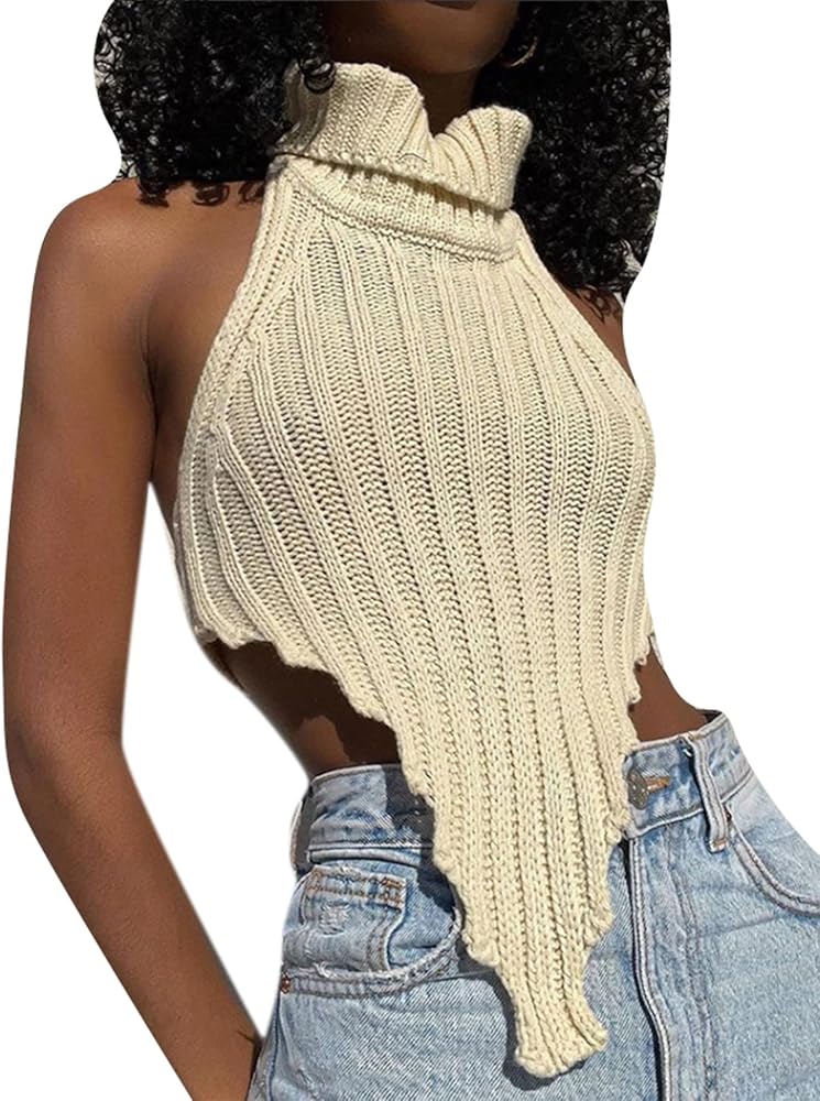 AIBEARTY Women Sexy Halter Knitted Turtleneck Crop Tank Tops