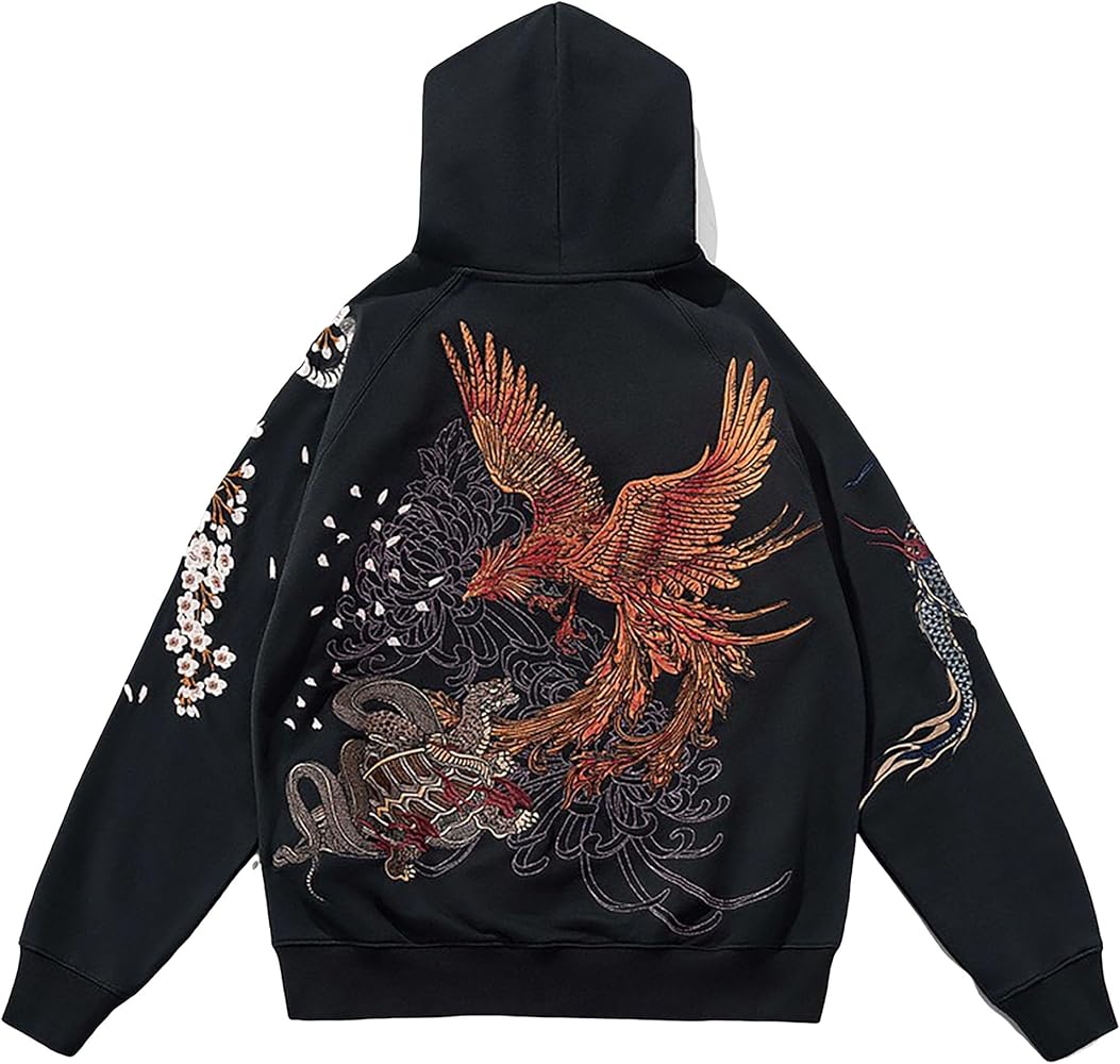 HaiZi XiHuan Men'S Japanese Streetwear Hoodie Phoenix Embroidered