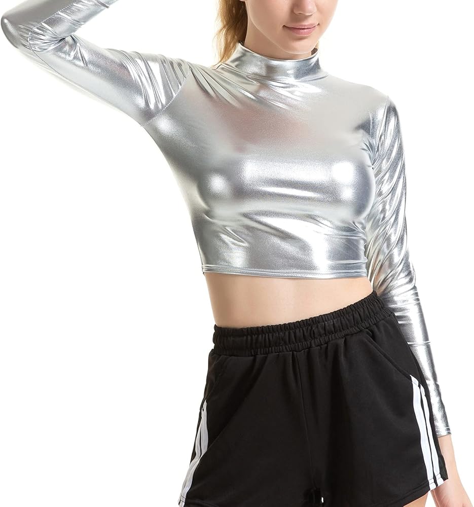 TSSOE Women's Shiny Metallic Liquid Crop Top Long Sleeve Mock Neck