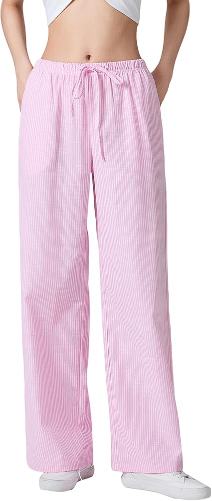Kiluex Women Wide Leg Striped Pants Y2k Elastic Waist Drawstring
