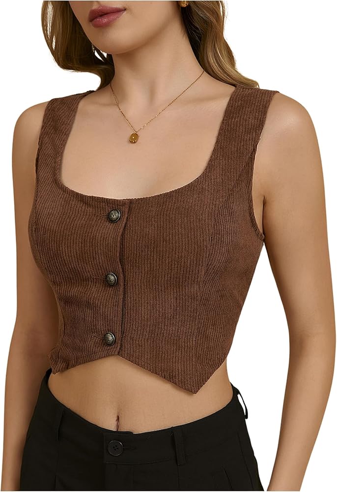 MakeMeChic Women's Corset Suit Vest Corduroy Sleeveless Scoop Neck