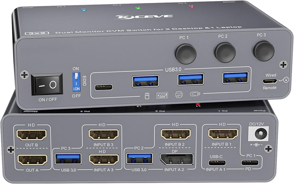 Amazon.com: KCEVE KVM Switch 2 Monitors 3 Computers USB C HDMI DP