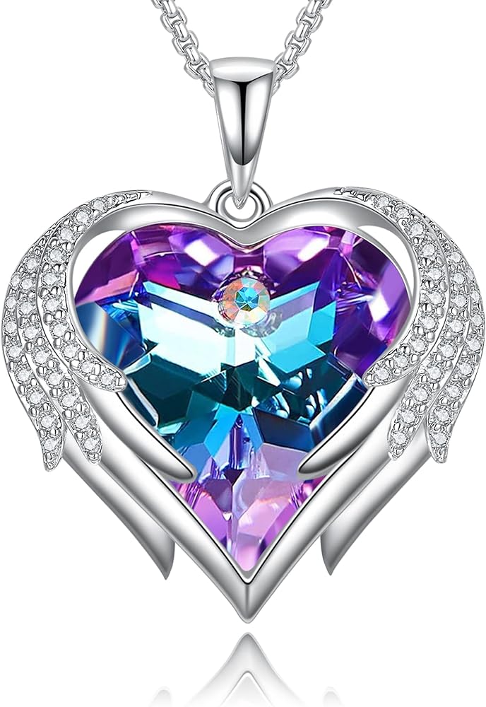 Praelinos Angel Wing Heart Necklaces for Women White Gold Plated