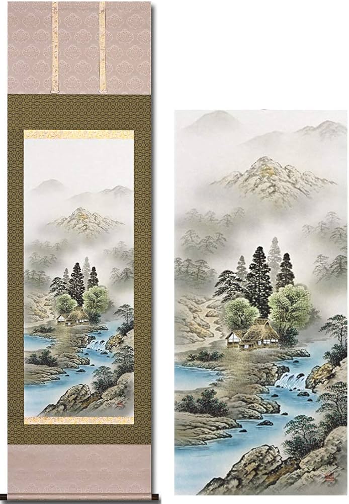Amazon.co.jp: 掛け軸 開運 彩色 山水 四神相応山水画 伊藤岳仙 夏