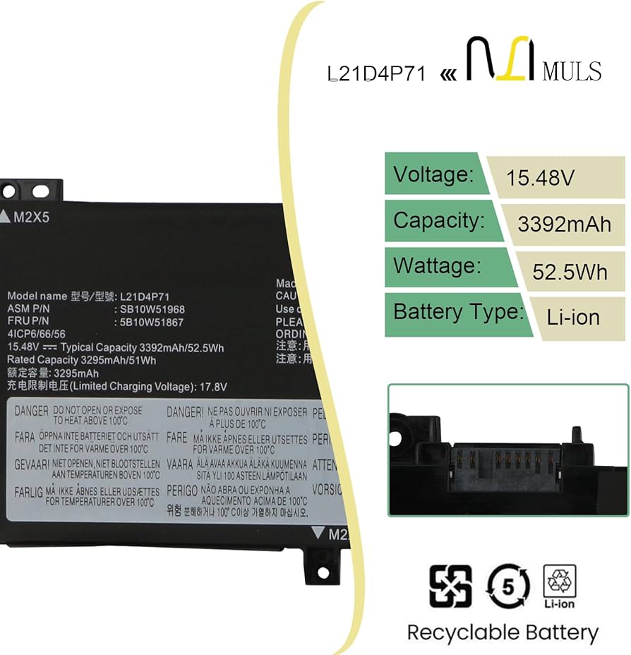 Amazon.com: L21M4P72 52.5Wh Laptop Battery Replacement for Lenovo