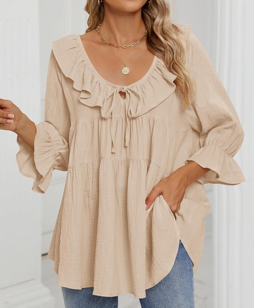 ZESICA Womens Scoop Neck 3/4 Length Sleeve Tops 2025 Casual Tie