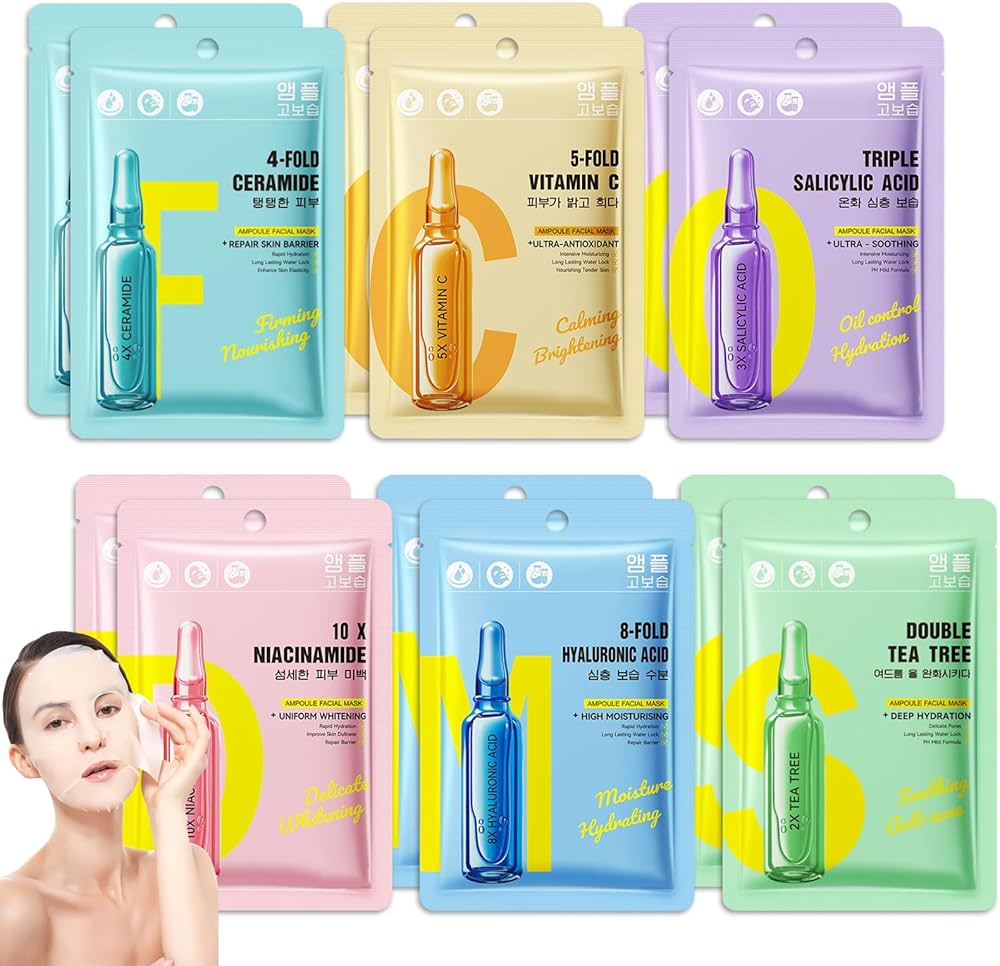 Face Mask Set-12Pack Hydrating Facial Sheet Masks, Hyaluronic Acid