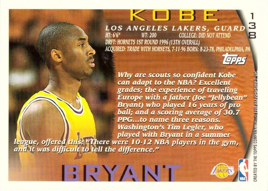 Amazon.com: 1996-97 Topps Baloncesto #138 Kobe Bryant Tarjeta de