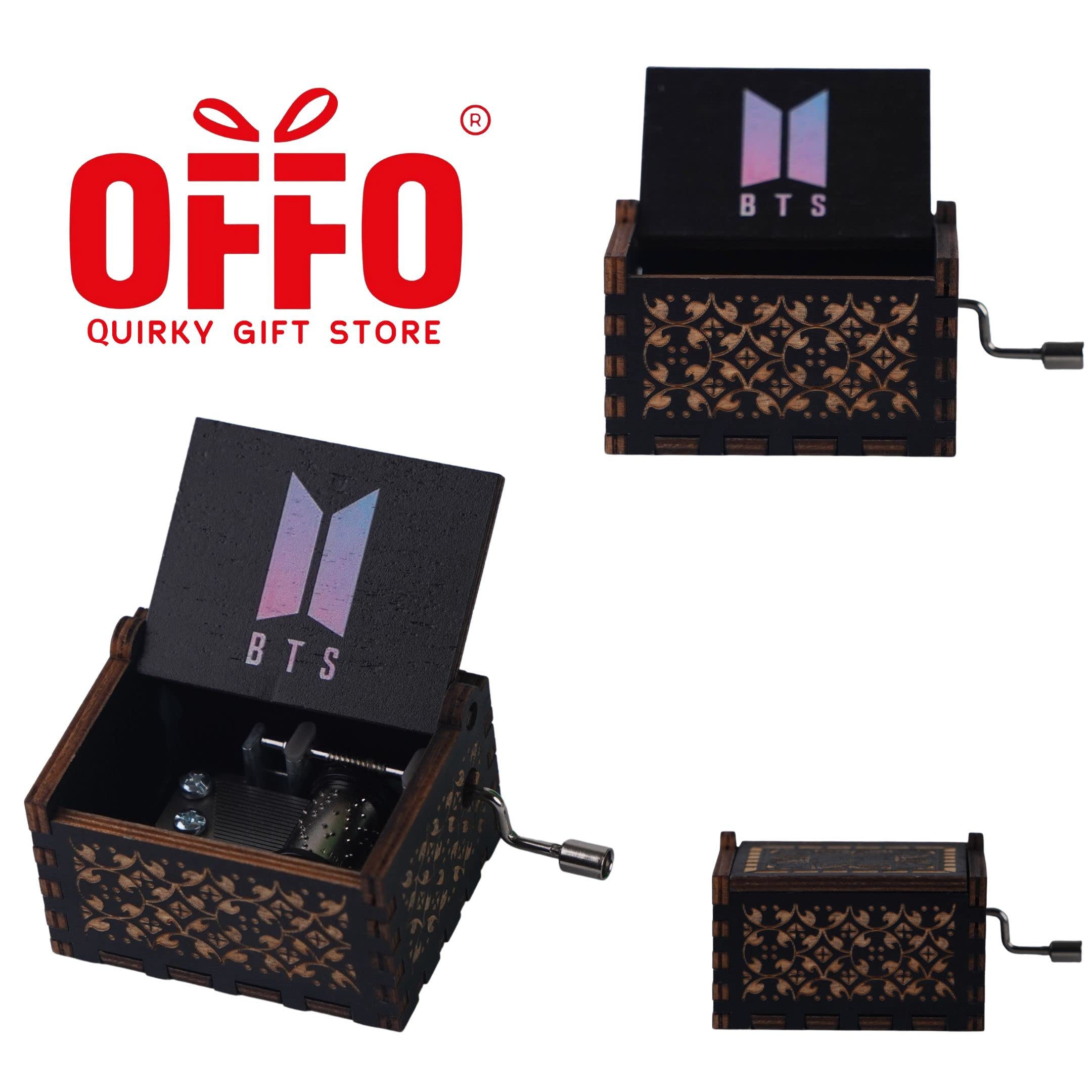 Offo BTS Wooden Music Box – Hand Crank Engraved Magic Shop Theme