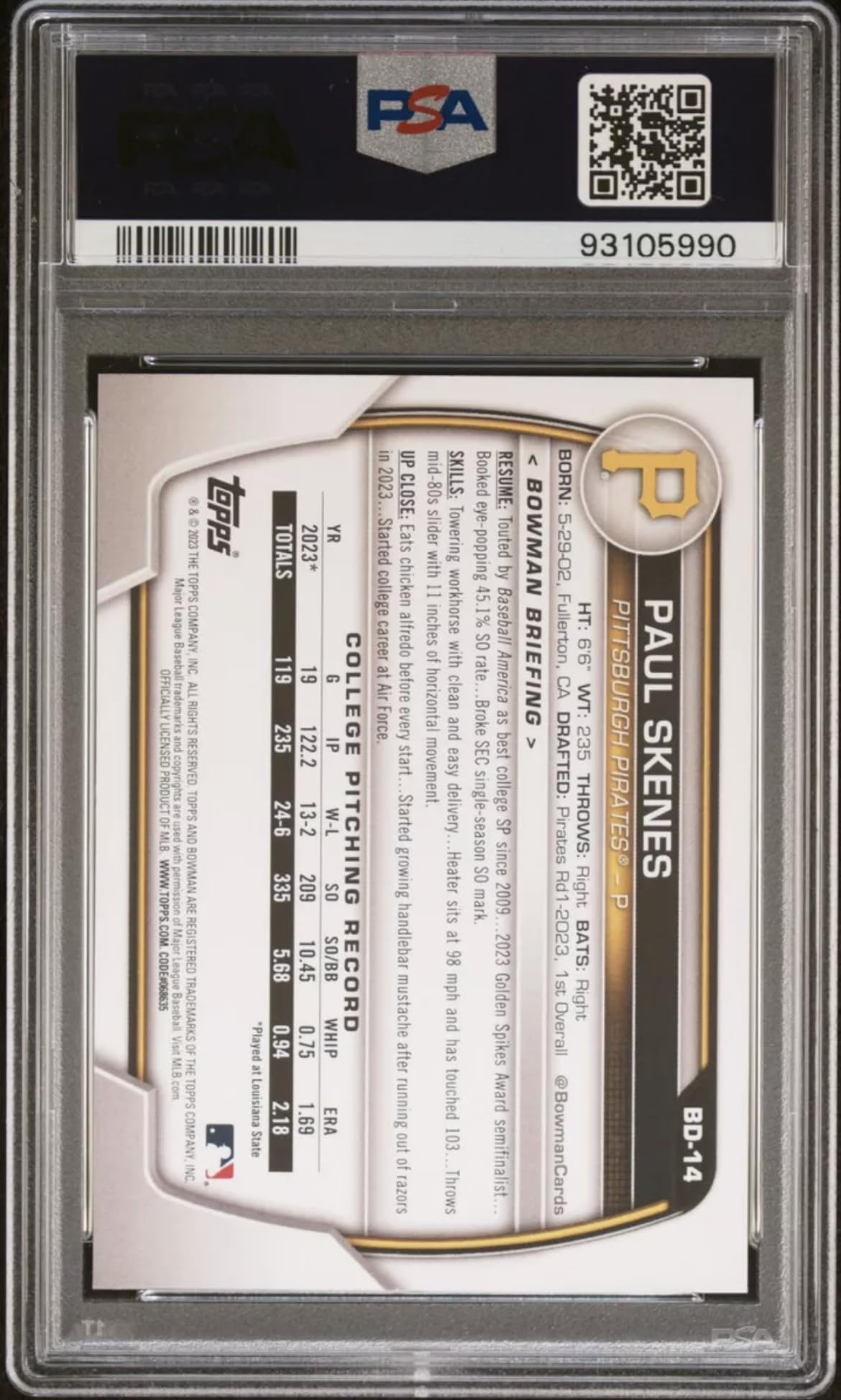 Amazon.com: 2023 Topps Bowman Draft Paul Skenes #BD14 Rookie