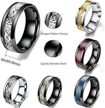 JEWPARK 6Pcs 8mm Stainless Steel Rings for Men Celtic Dragon