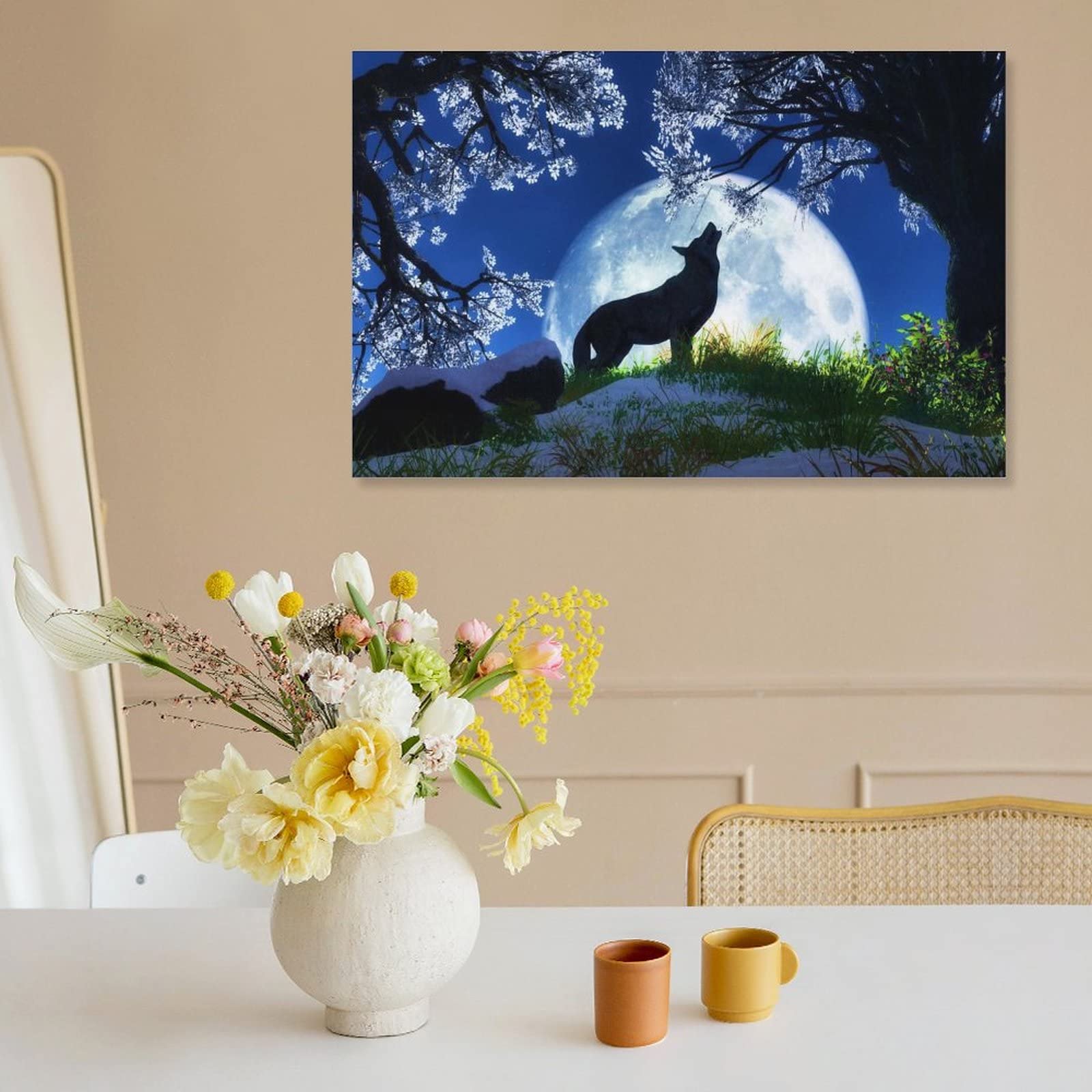 Amazon.co.jp: 絵画 満月の狼の遠吠えインテリア 絵画 動植物の自然