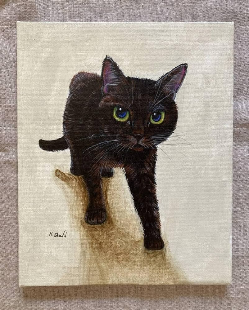 Amazon.co.jp: 黒猫 絵画 アクリル画 ネコ インテリア 真作 イラスト
