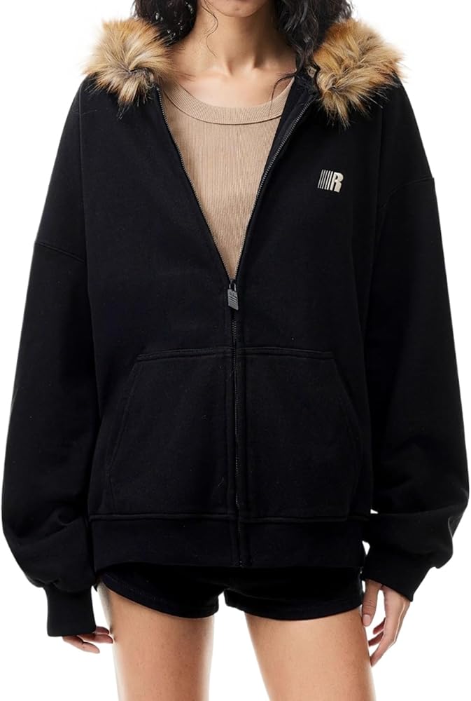 Hesaco Y2k Zip Up Hoodie Fur Hooded Jacket Graphic Hoodie Grunge