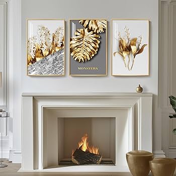 Amazon.co.jp: 額入りモダンラグジュアリーゴールドウォールアート、3