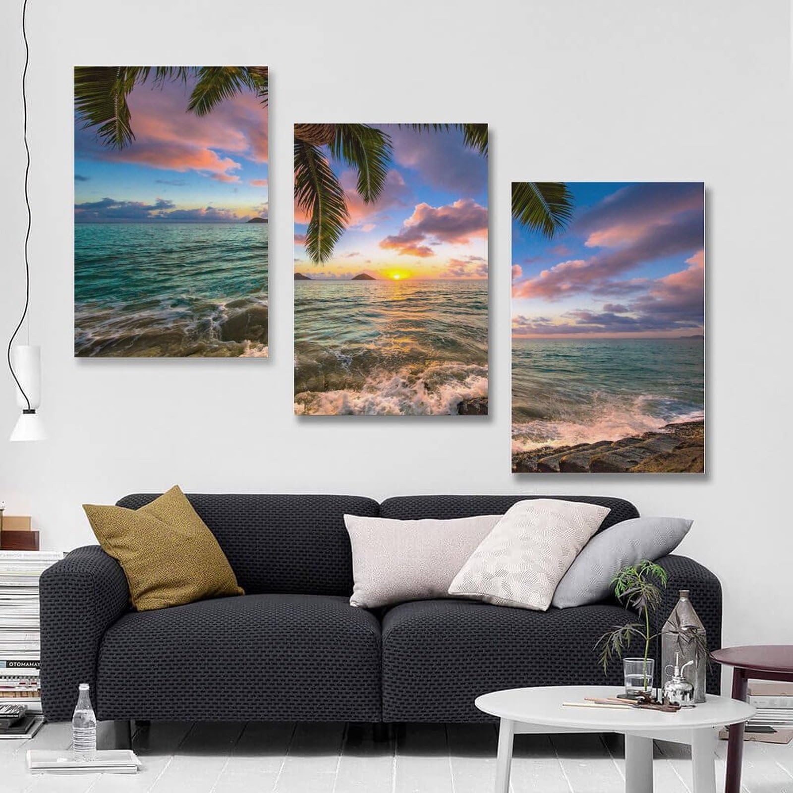 Amazon.co.jp: 3枚 ヤシの木と海に沈む夕日 絵画 インテリア ポスター