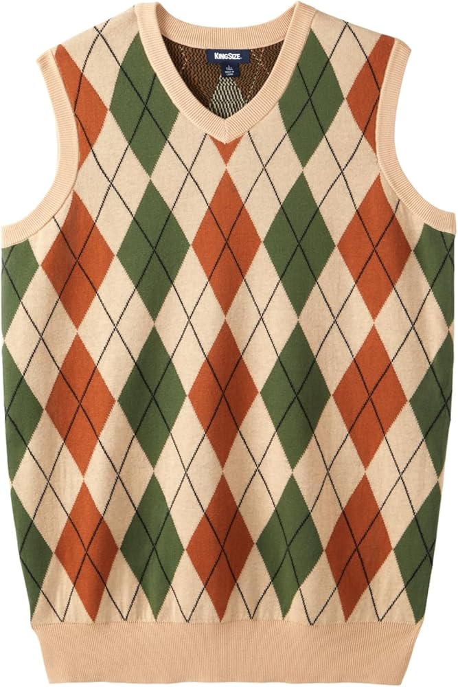 KingSize Men's Big & Tall V-Neck Argyle Sweater Vest - XL, Beige