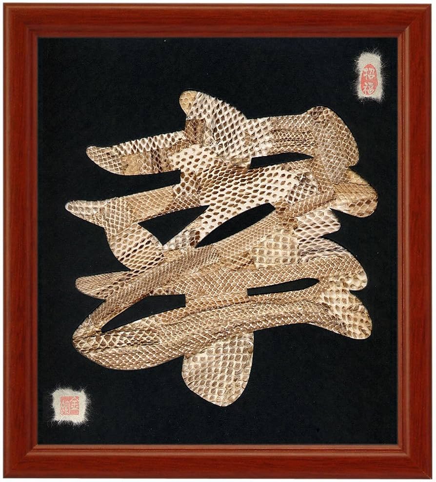 Amazon.co.jp: 本物の蛇の抜け皮を使った色紙サイズの額装仕立て開運蛇
