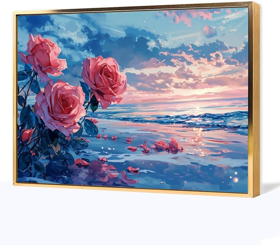 Amazon.co.jp: 絵画 波の前のピンクのバラインテリア 絵画 美しい海の