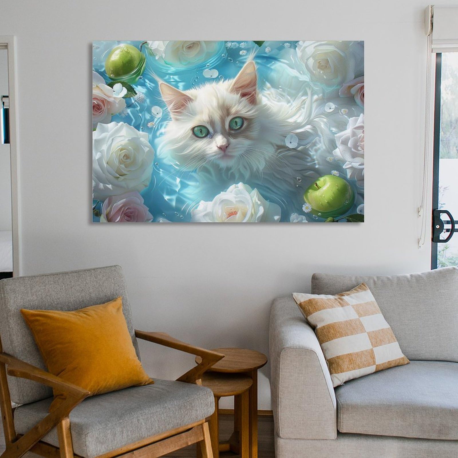 Amazon.co.jp: 絵画 バラに囲まれた白猫 アートパネル ポスター 動物