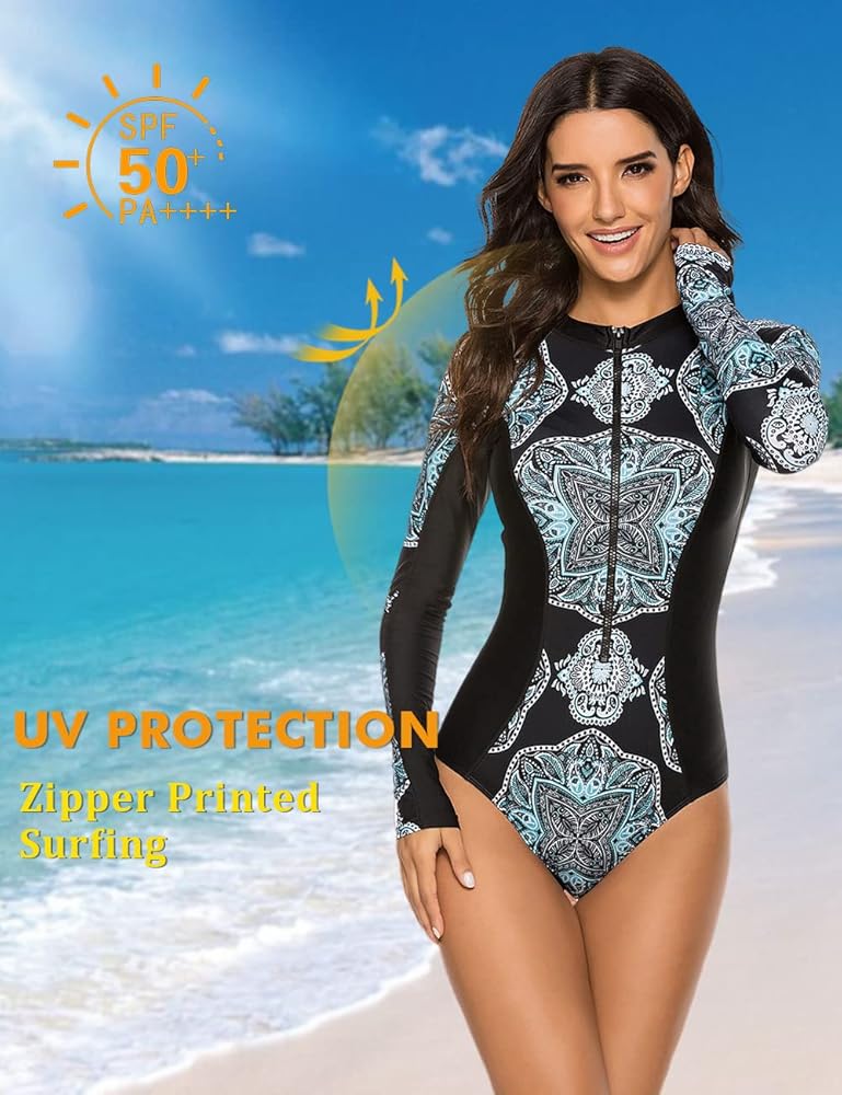 SELINK Women's Long Sleeve Rash Guard UV Protection Zipper Printed