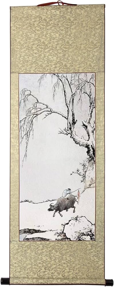 Amazon.co.jp: 肉筆 手描き 水墨画 掛け軸/牧童/山水画 掛軸 四尺四