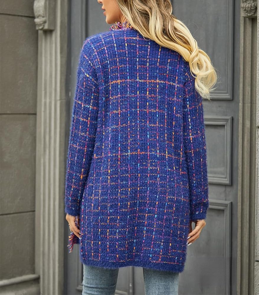 2026 Women's Plaid Tweed Open Front Long Sleeve Knit Cardigan