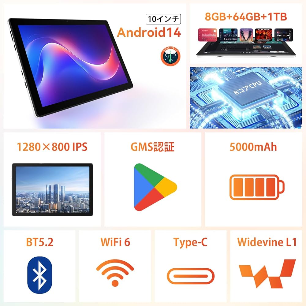 Amazon.co.jp: タブレット 10インチ - Android14 タブレット 8GB+64GB+