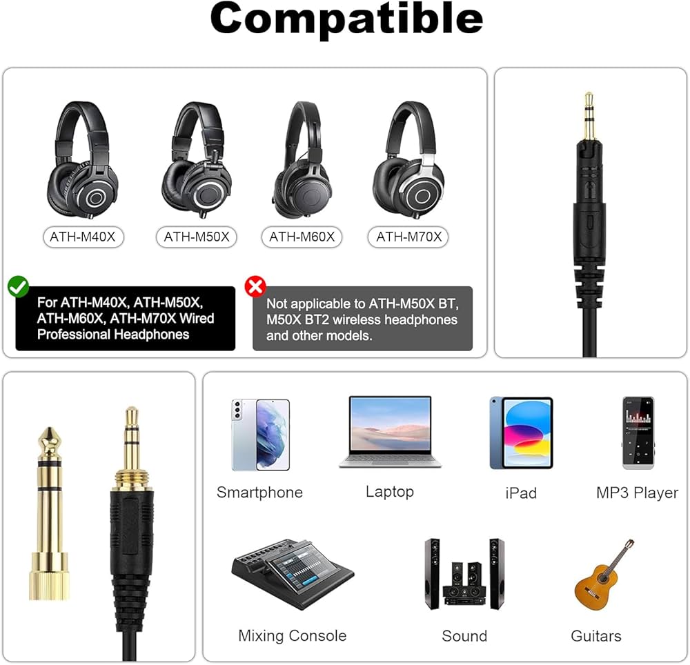 Amazon.com: Zosvoses ATH M50X Cable Compatible with Audio Technica