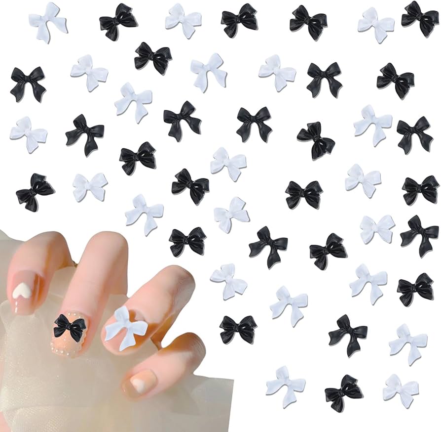 Amazon | ネイルパーツ リボン 200個セット 3D 立体 大きめ 黒 白
