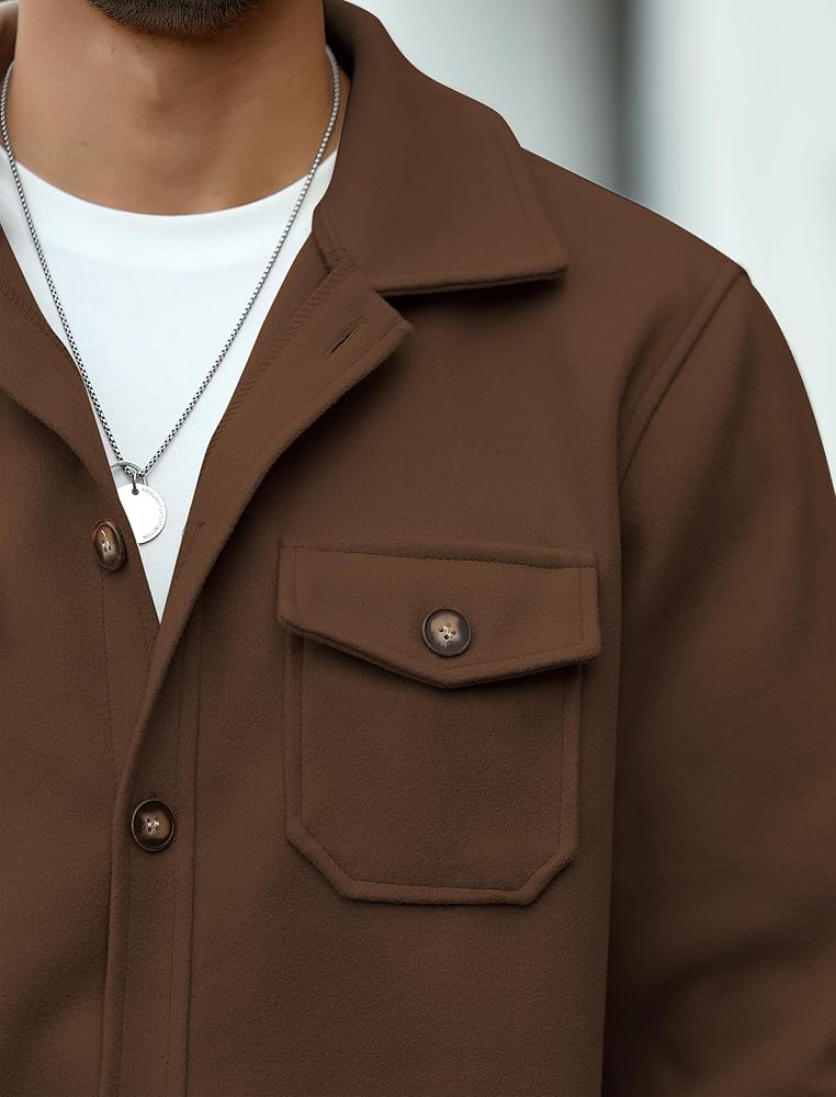 ZAFUL Men's Checked Plaid Color Block Flap Pocket Woolen Turn Down