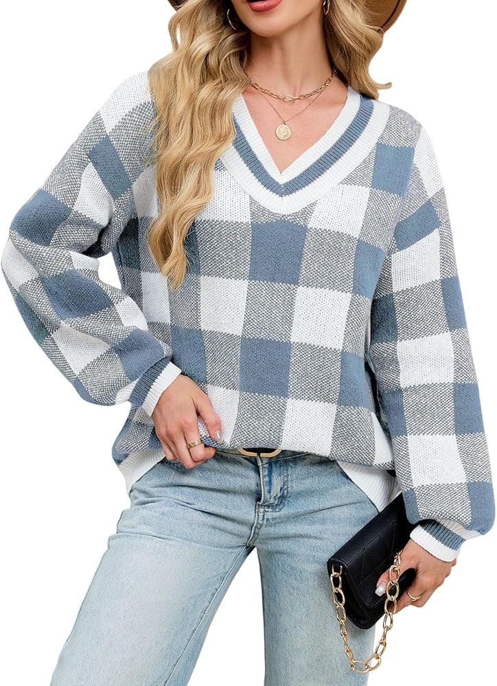 Women's Plaid Sweater V Neck Drop Shoulder Oversized Knitted