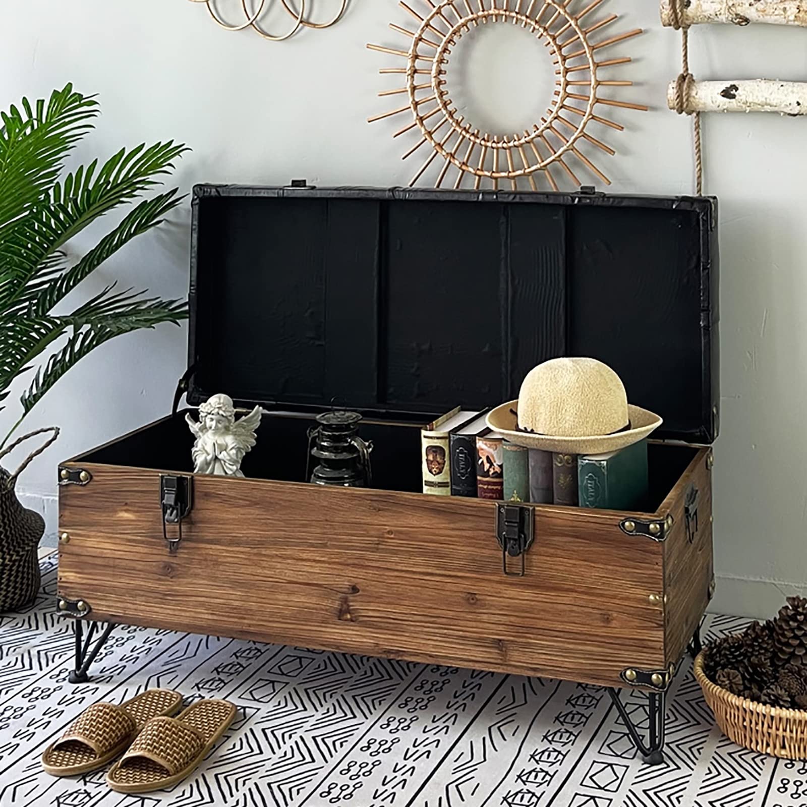 Amazon.co.jp: レザー張りの収納ベンチ、ヴィンテージ木製収納ベンチ