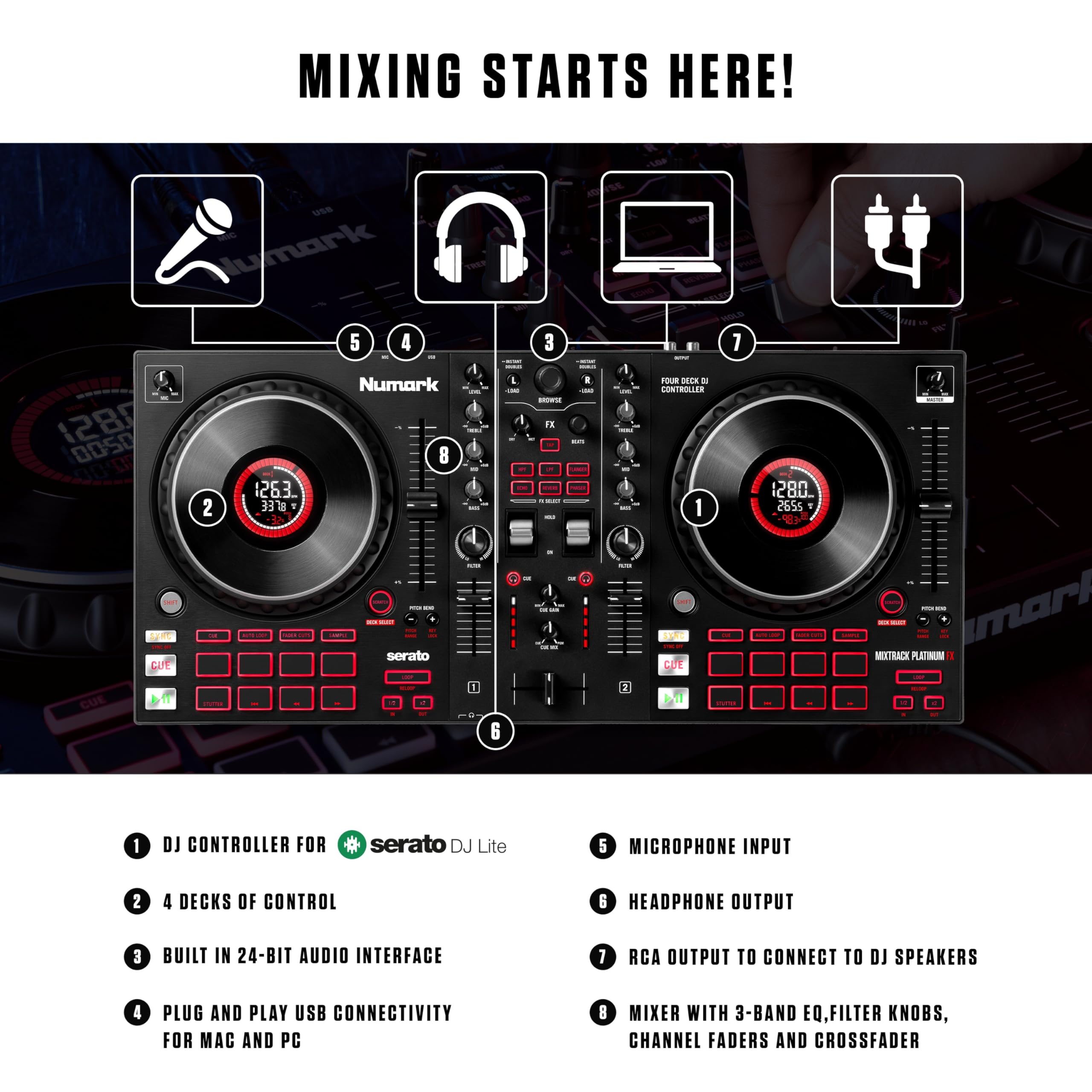 Numark Mixtrack Platinum FX - DJ Controller For Serato DJ with 4