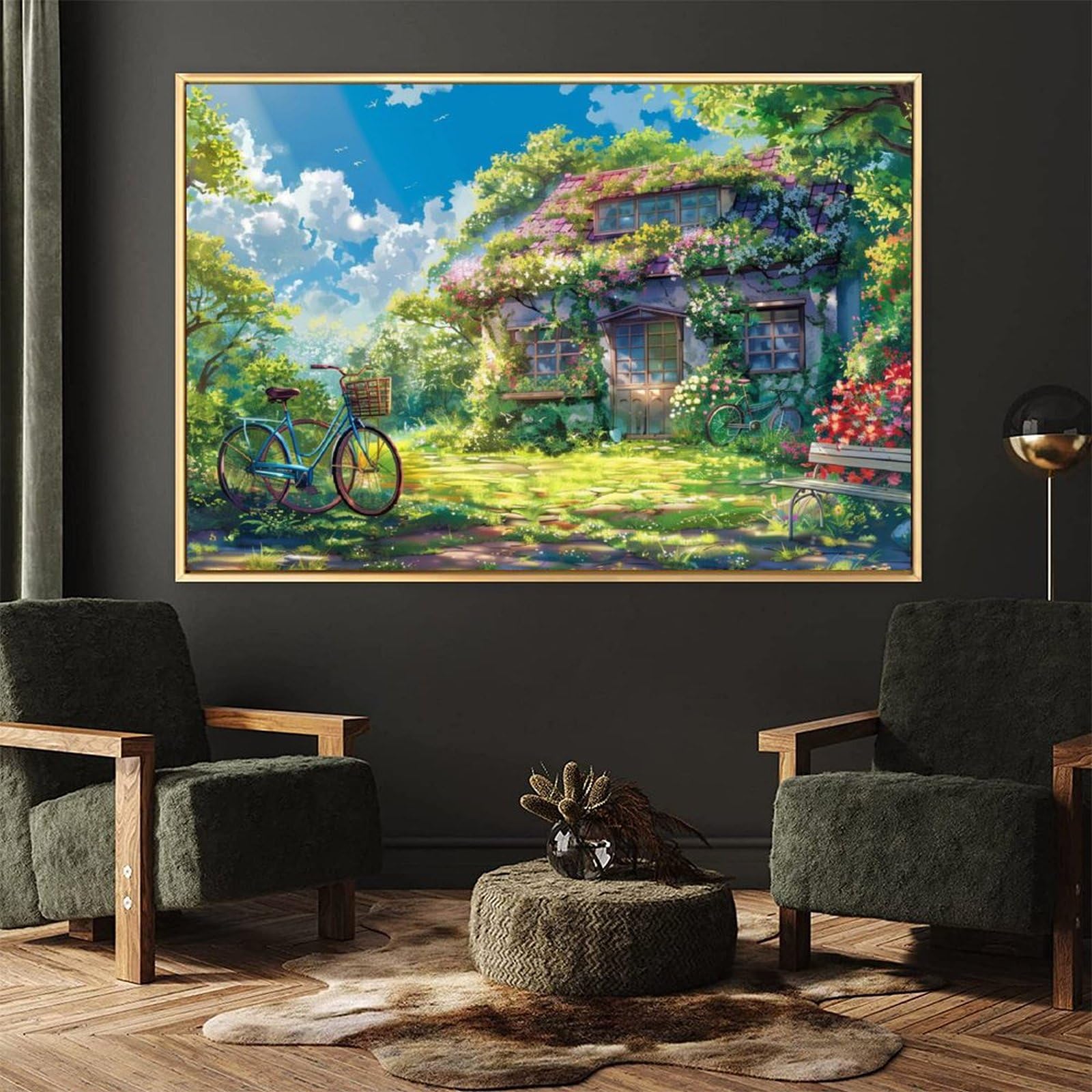 Amazon.co.jp: 絵画 花と緑の芝生に囲まれた家インテリア 絵画 のどか