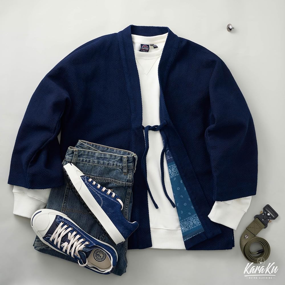 Amazon | [karaku] 裏バンダナ柄 植物藍染刺し子半纏 インディゴブルー