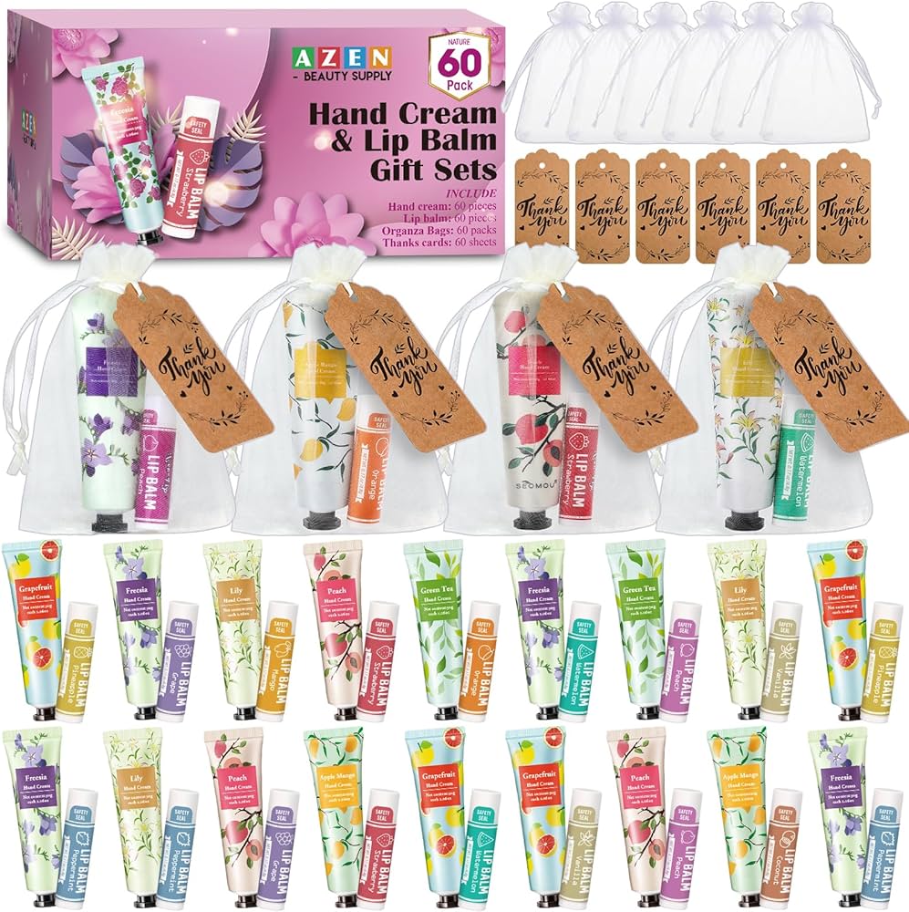 Amazon.com : AZEN 60 Sets Bulk Gifts, Hand Cream and Lip Balm Bulk