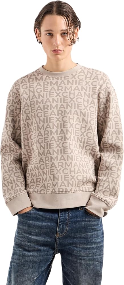 Armani Exchange Men's All Over Logo Stretch Bonded Cotton Crewneck