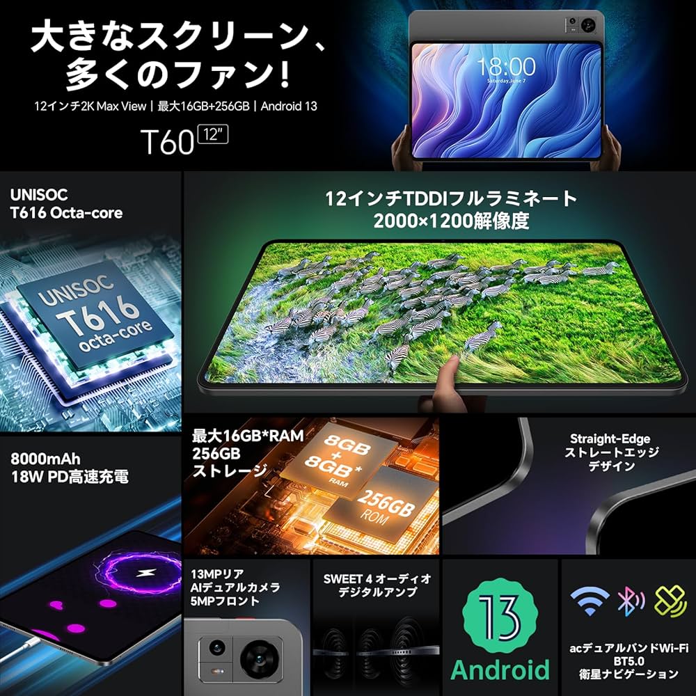 Amazon.co.jp: TECLAST T60 Android 13 16GB+256GB+1TB拡張 12インチ