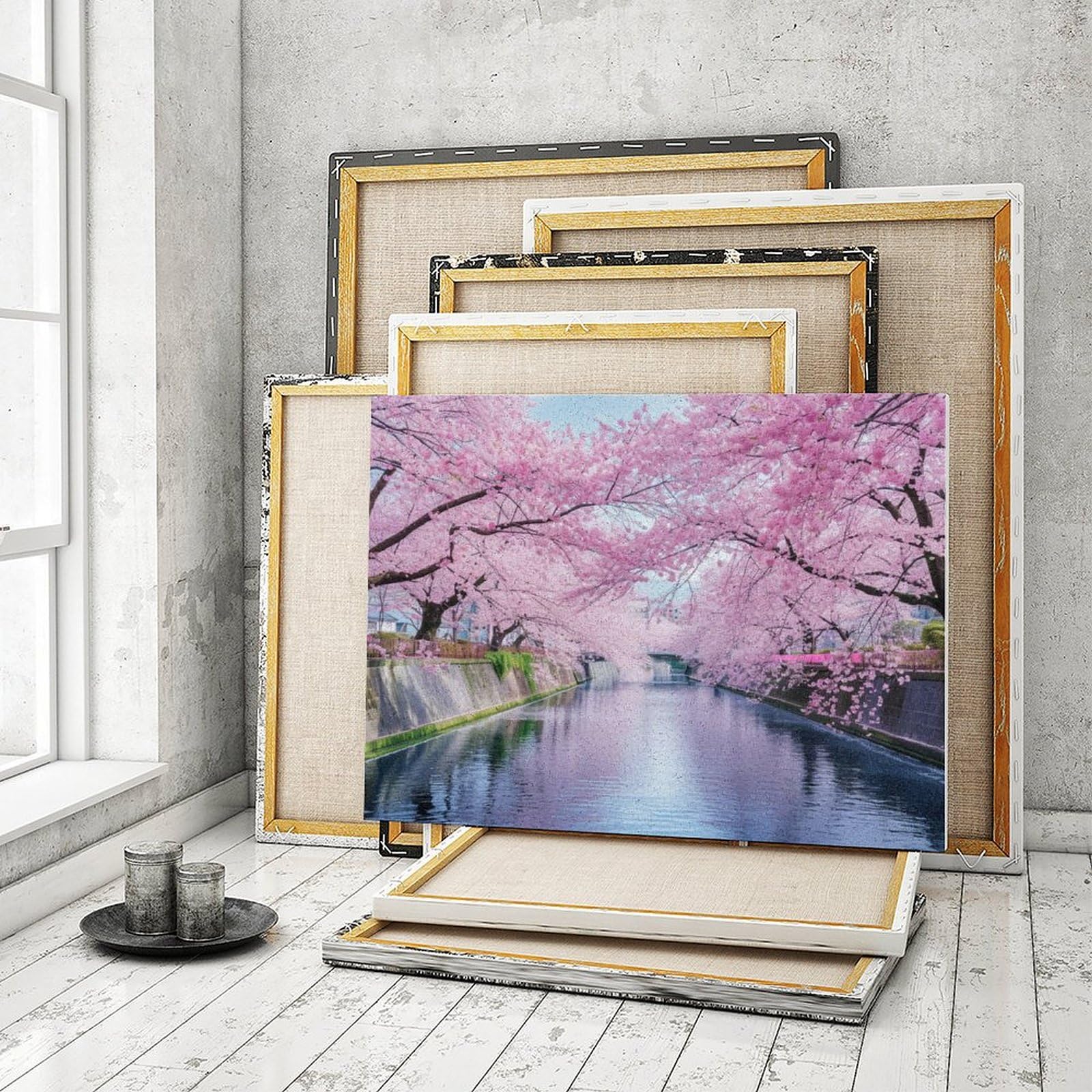 Amazon | 春には川沿いに咲く桜 数字キットによる絵画 数字油絵 美しい