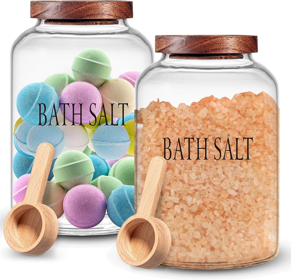 Amazon｜SiliFine 2セット 70オンス 大型バスソルト容器 木製スクープ
