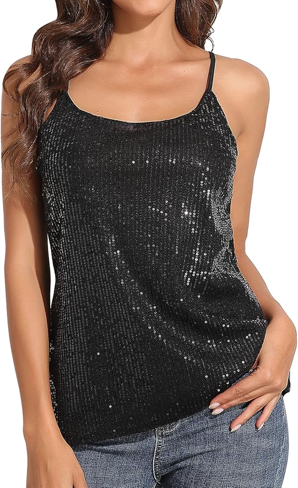 PrettyGuide Glitter Tops for Women Party Strappy Sparkly Black