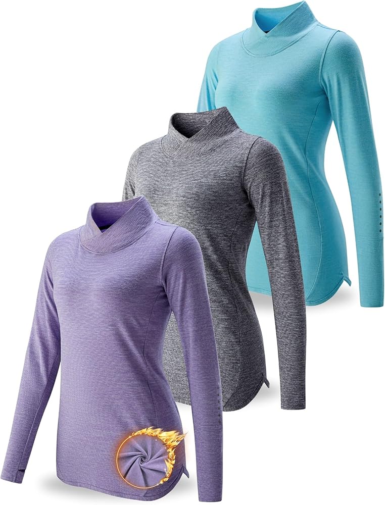 3 Pack Women's Thermal Fleece Shirts Long Sleeve Mock Turtleneck