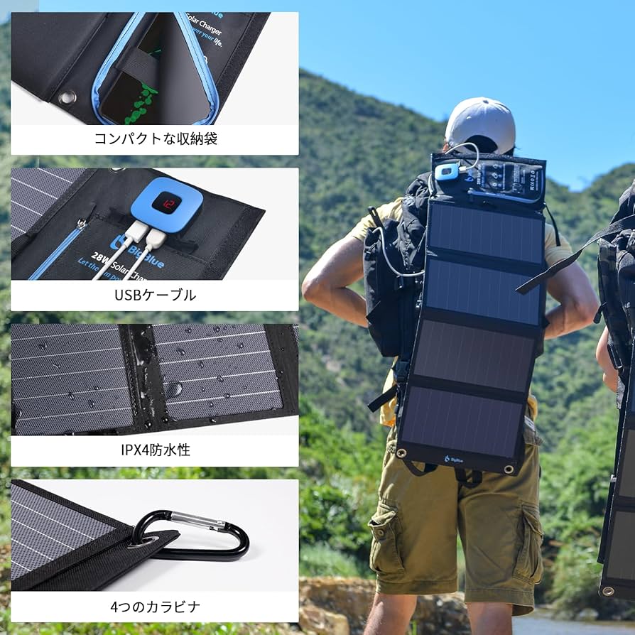 Amazon | BigBlue 28W ソーラーチャージャー 電流計 ソーラー 充電器