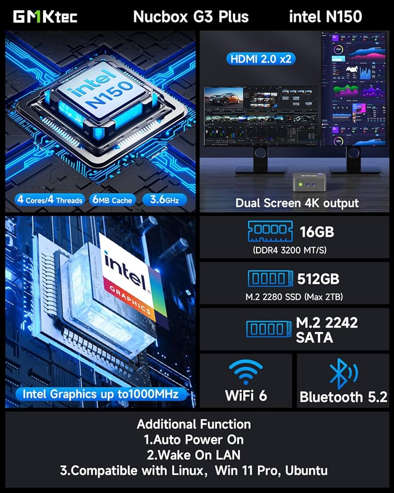 GMKtec G3 Plus Mini Pc, Intel Twin Lake N150 (Atualizado N100) 16