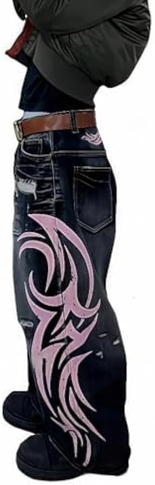 Xojbzoo Unisex Y2K Streetwear Baggy Jeans Retro Totem Print Goth